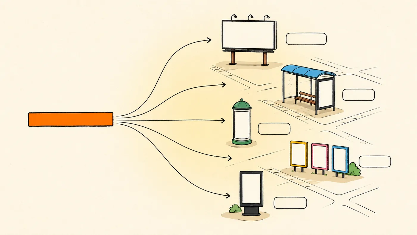 An illustration of one plan branching out to a hoarding, a bus shelter, a pillar kiosk and a run of panels
