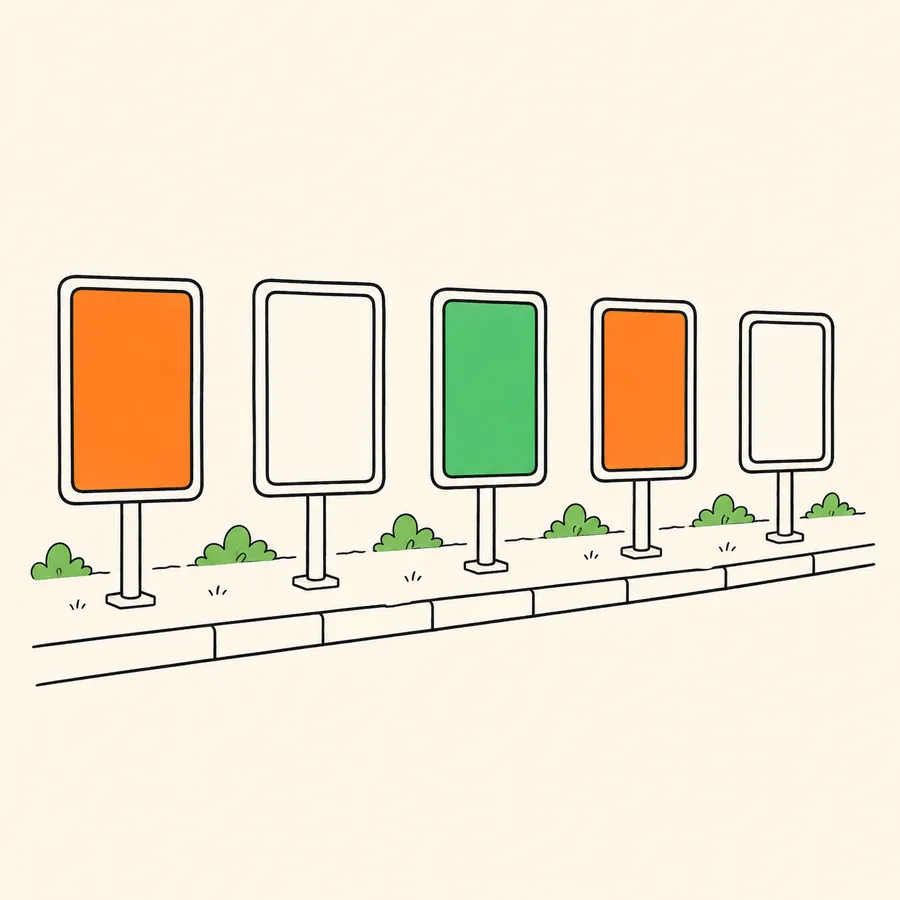 An illustration of a row of small no-parking boards along a kerb