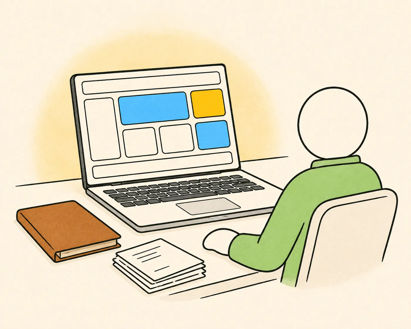 An illustration of a laptop showing a blank dashboard, a lease folder beside it