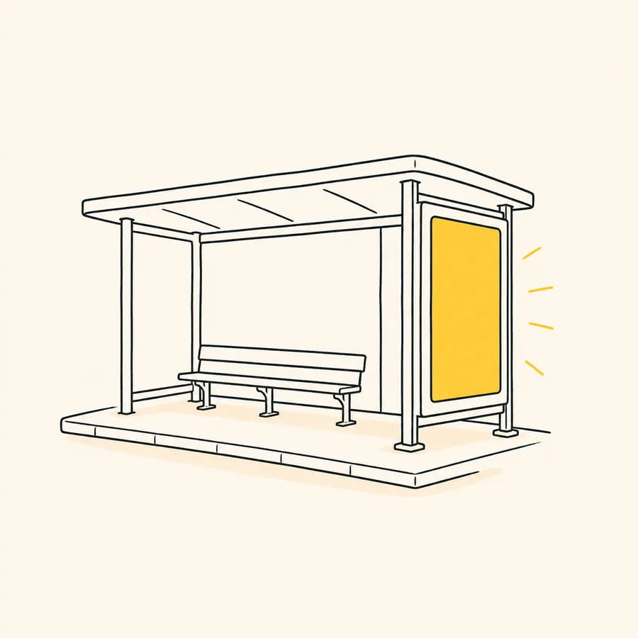 An illustration of a bus shelter with a backlit panel at one end