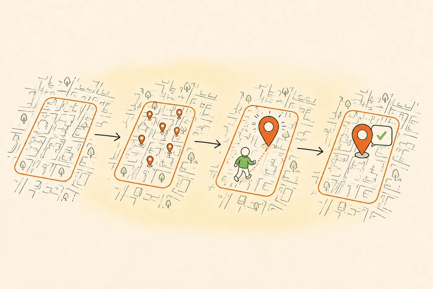 An illustration of four campaign stages read left to right across a street grid
