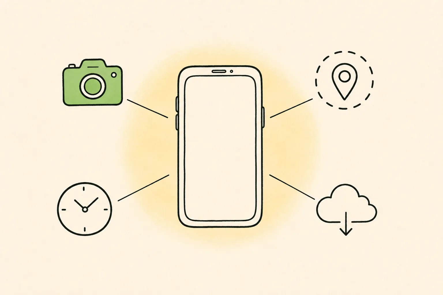 An illustration of a phone linked by hairlines to a camera, a pin, a clock and a cloud