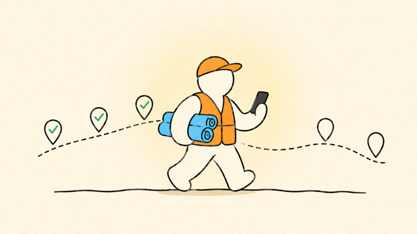 An illustration of a field agent walking a route of GPS-checkmarked sites, rolled panels on their back