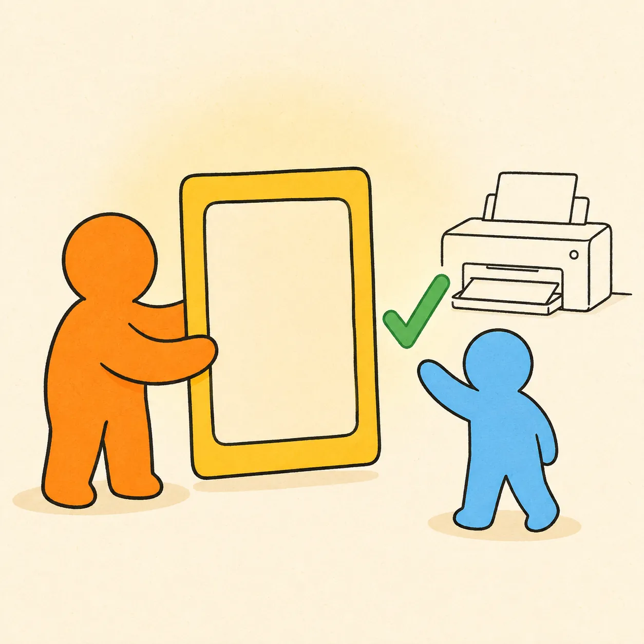 An illustration of one figure handing over an approved, checkmarked panel to another beside a printer