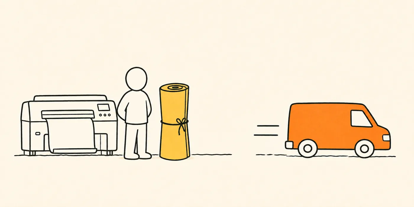 An illustration of a finished roll beside a press, a van driving away across a gap