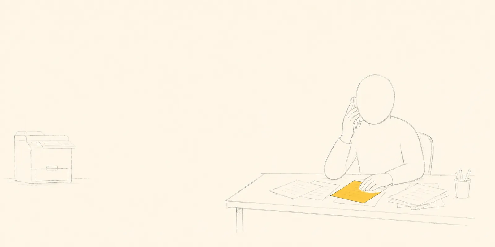 An illustration of a figure on the phone at a paper-covered desk, an idle press behind