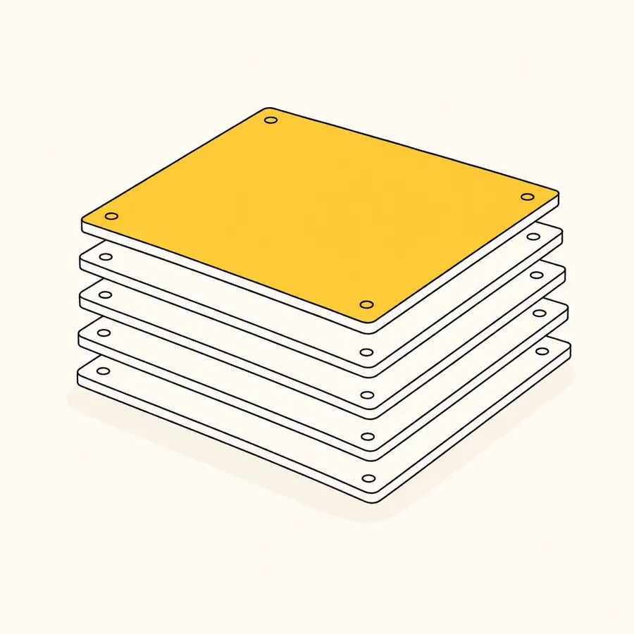 An illustration of a fanned stack of small printed boards