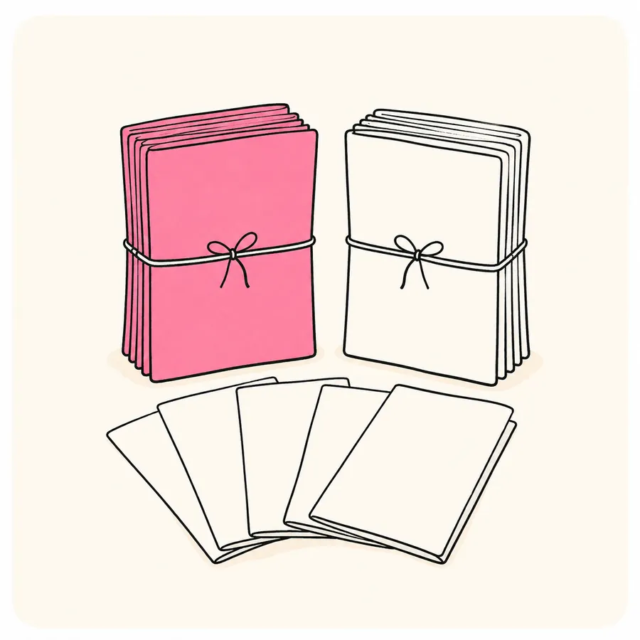 An illustration of two tied bundles of folded pamphlets