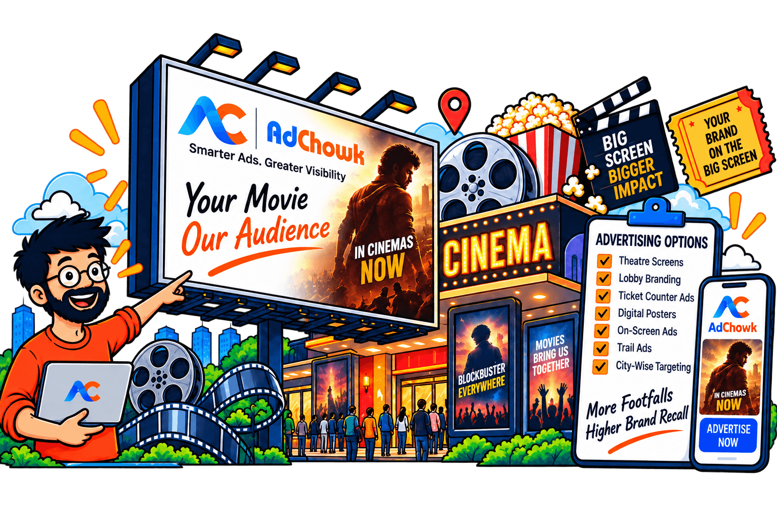 AdChowk placement engine — map, billboards and phone mockup