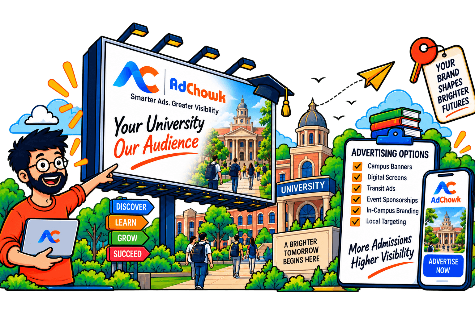 AdChowk placement engine — map, billboards and phone mockup