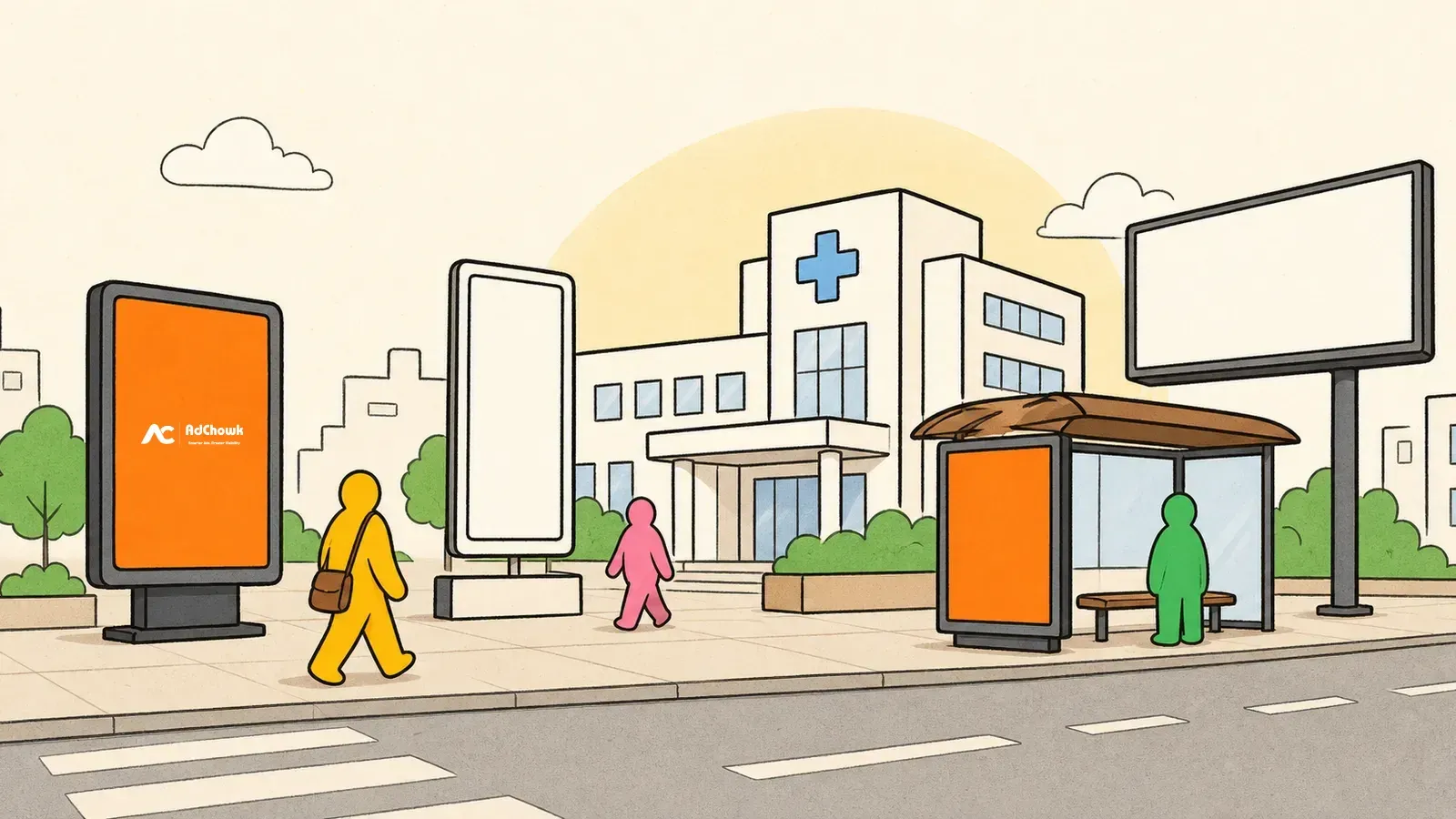 Illustration of advertising around a hospital and clinic