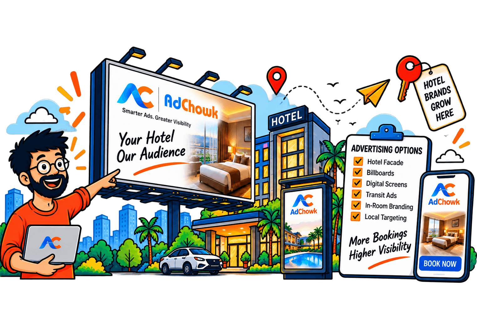 AdChowk placement engine — map, billboards and phone mockup