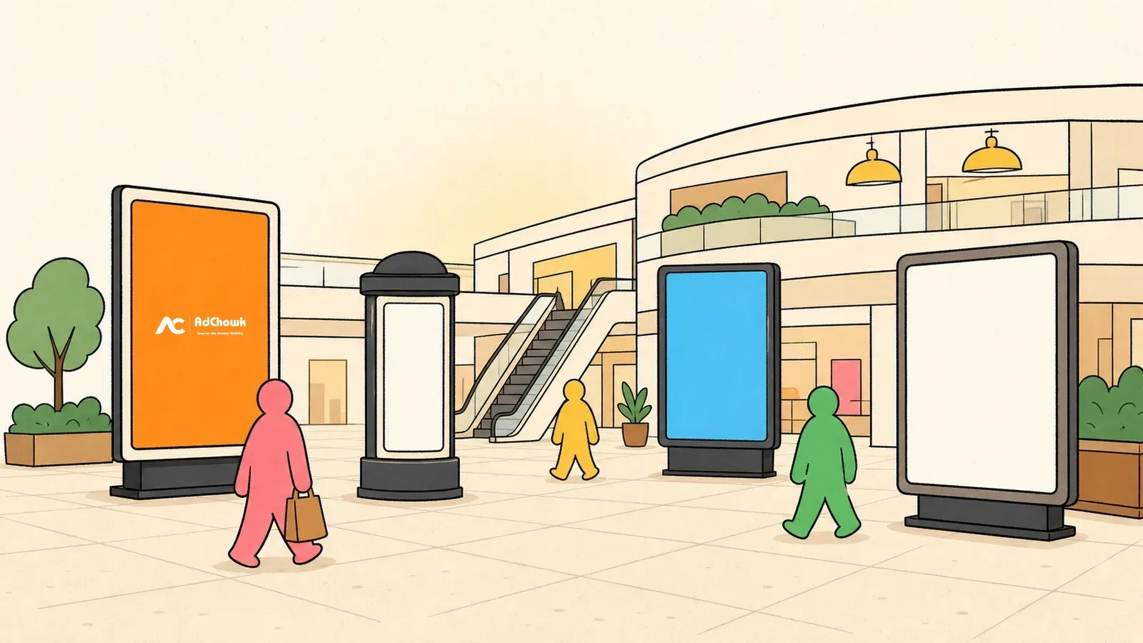 Illustration of advertising formats inside and around a shopping mall