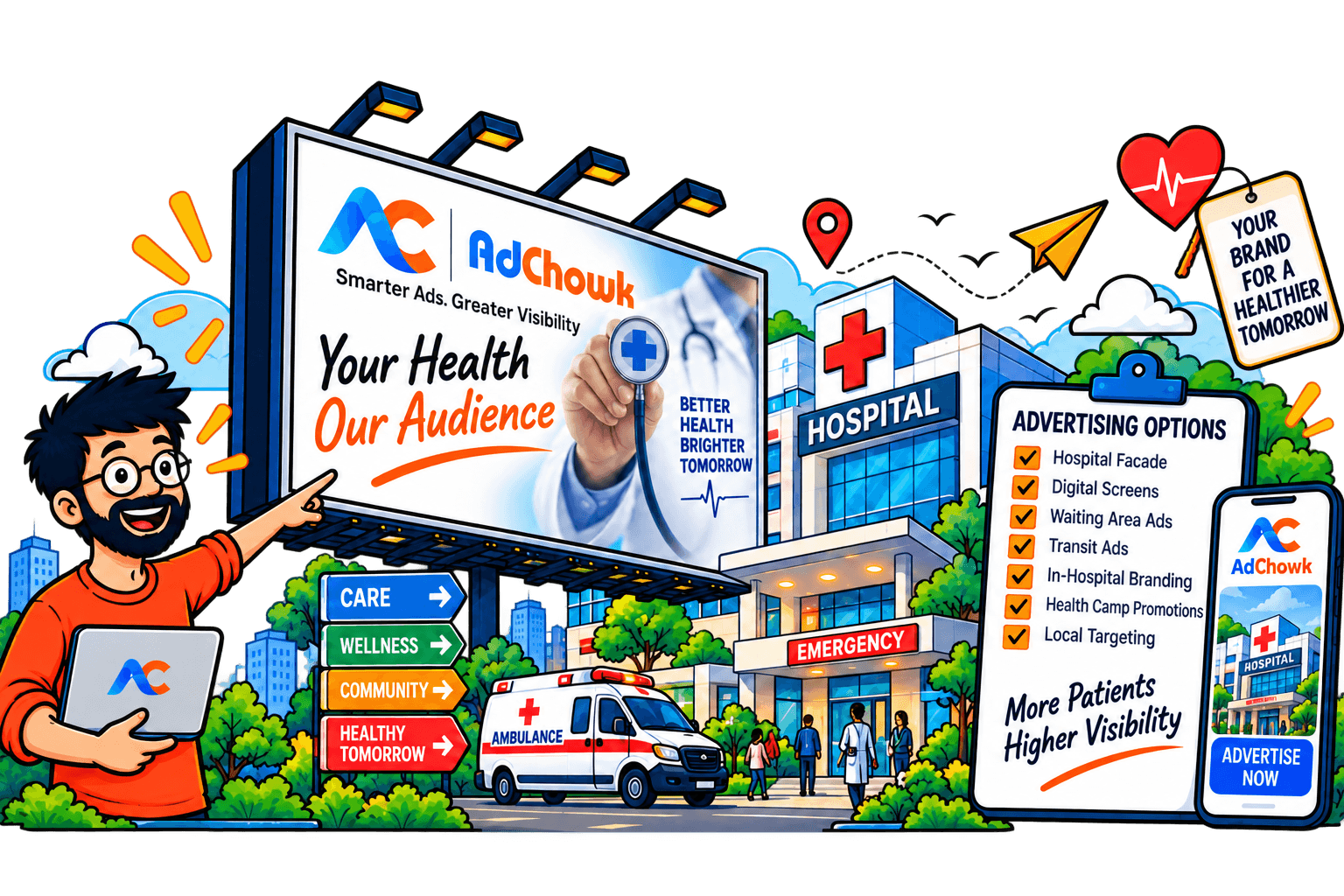AdChowk placement engine — map, billboards and phone mockup