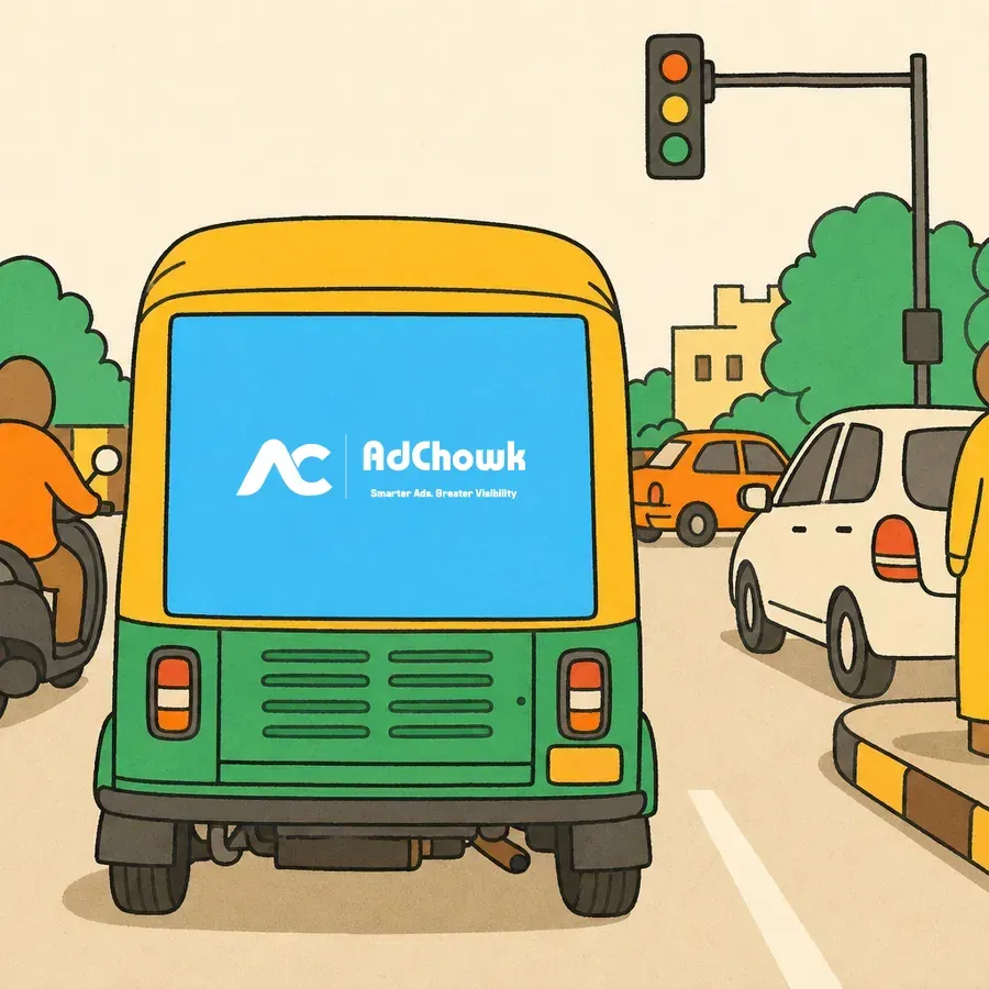 An illustration of an auto-rickshaw carrying a branded rear panel