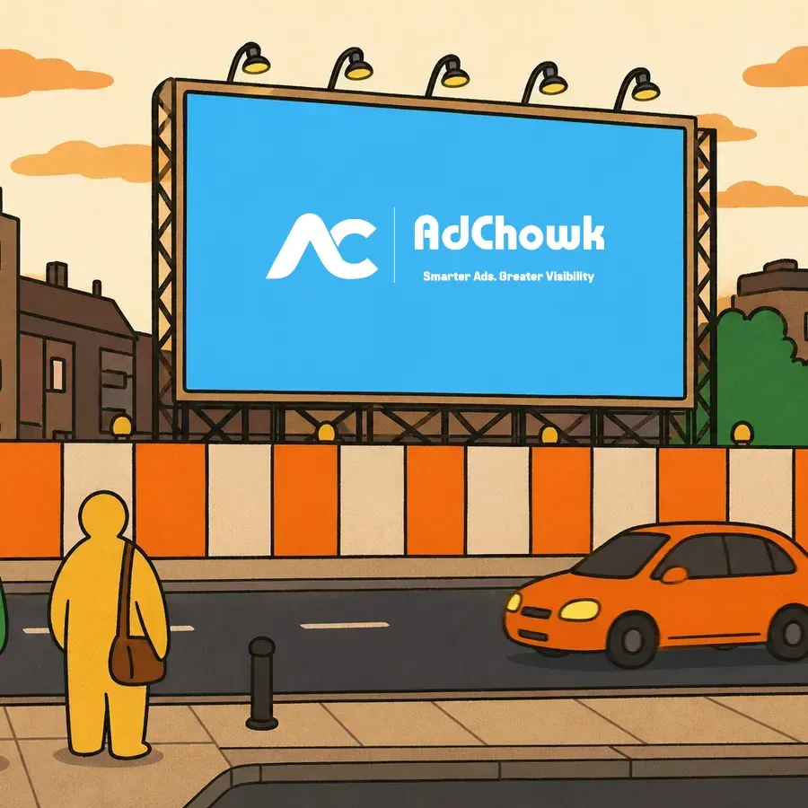 An illustration of a street barricade carrying a flat advertising panel