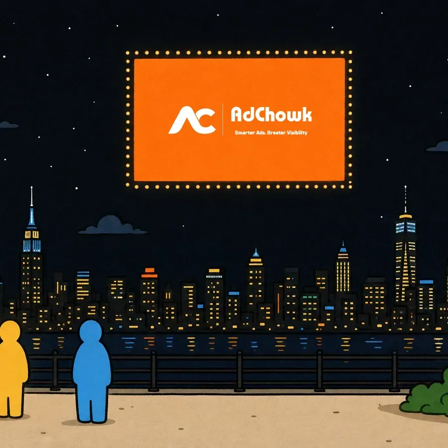 An illustration of a drone-held advertising panel above a city skyline at night