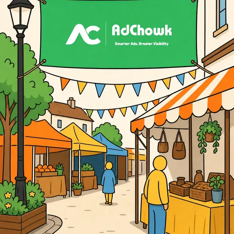 An illustration of a decorated festival market carrying brand signage