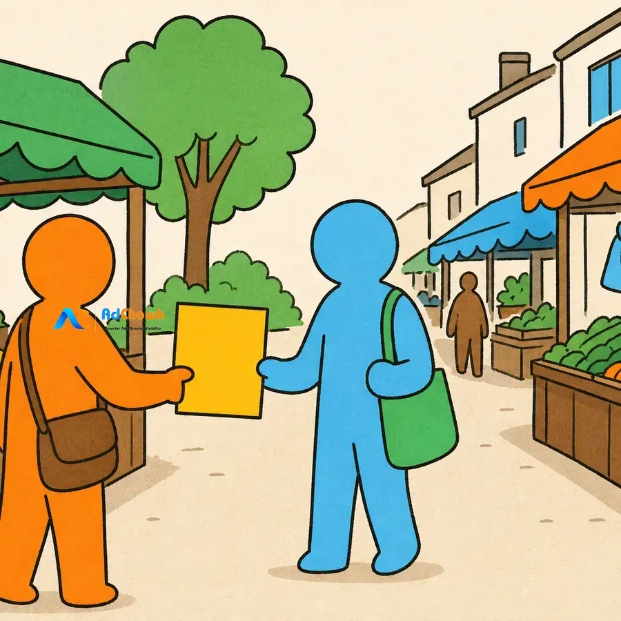 An illustration of a promoter handing a printed sheet directly to a shopper on a market street