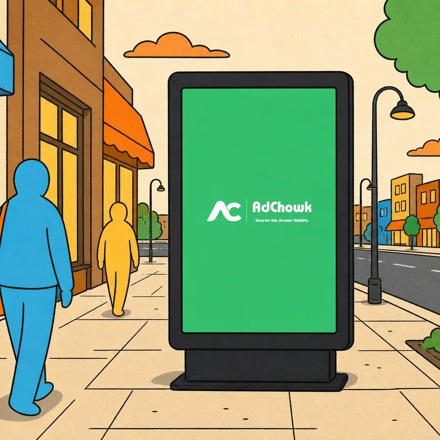 An illustration of an outdoor LCD advertising screen at street level