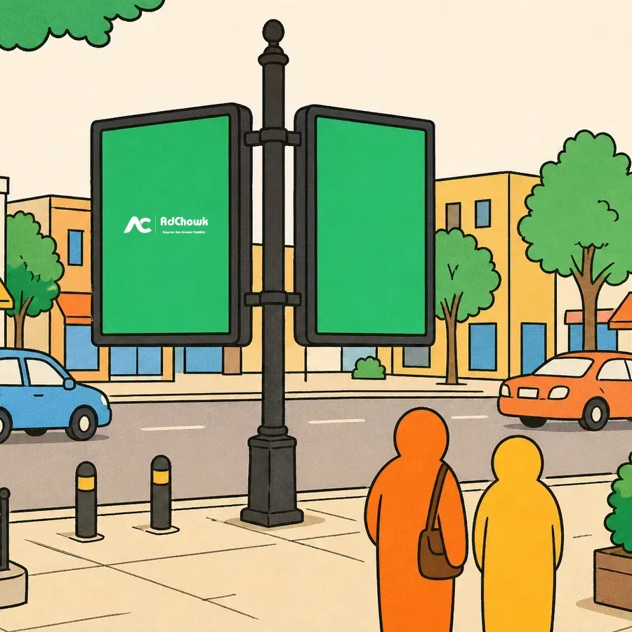 An illustration of a pole kiosk advertising panel at the roadside