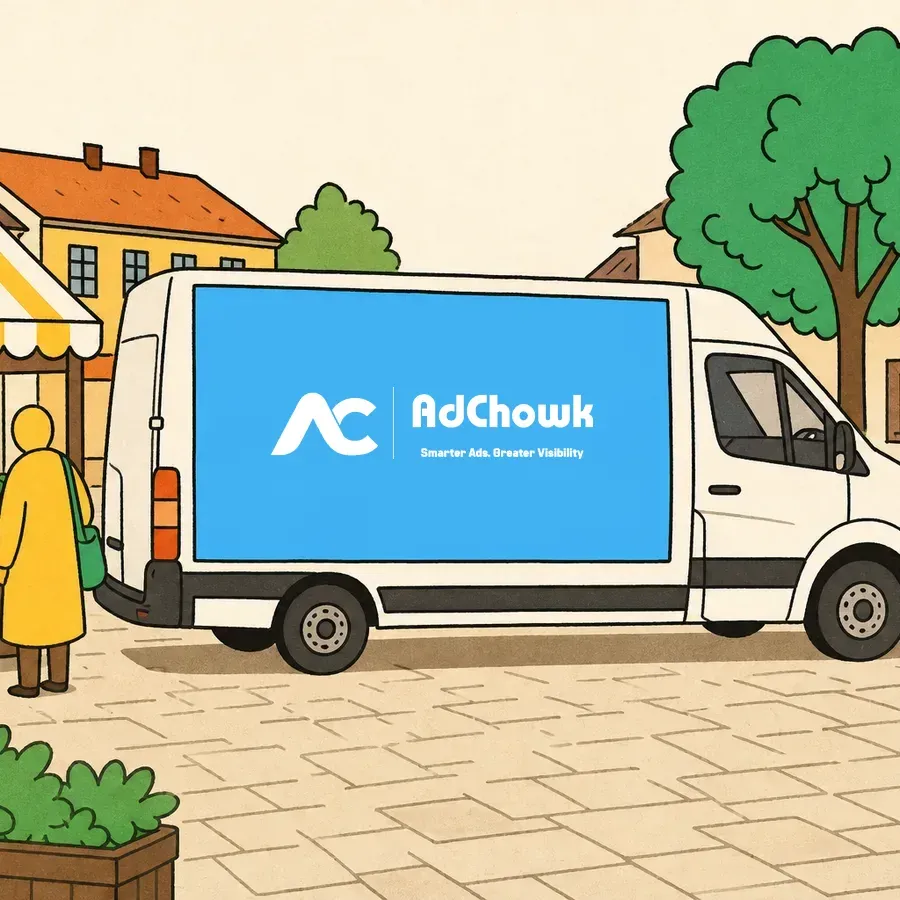An illustration of a promotional van carrying a branded side panel