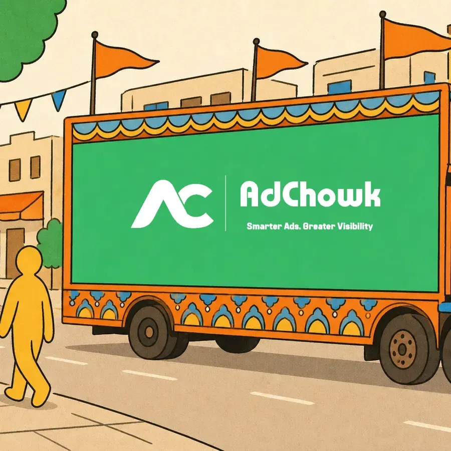 An illustration of a branded roadshow vehicle moving along a street