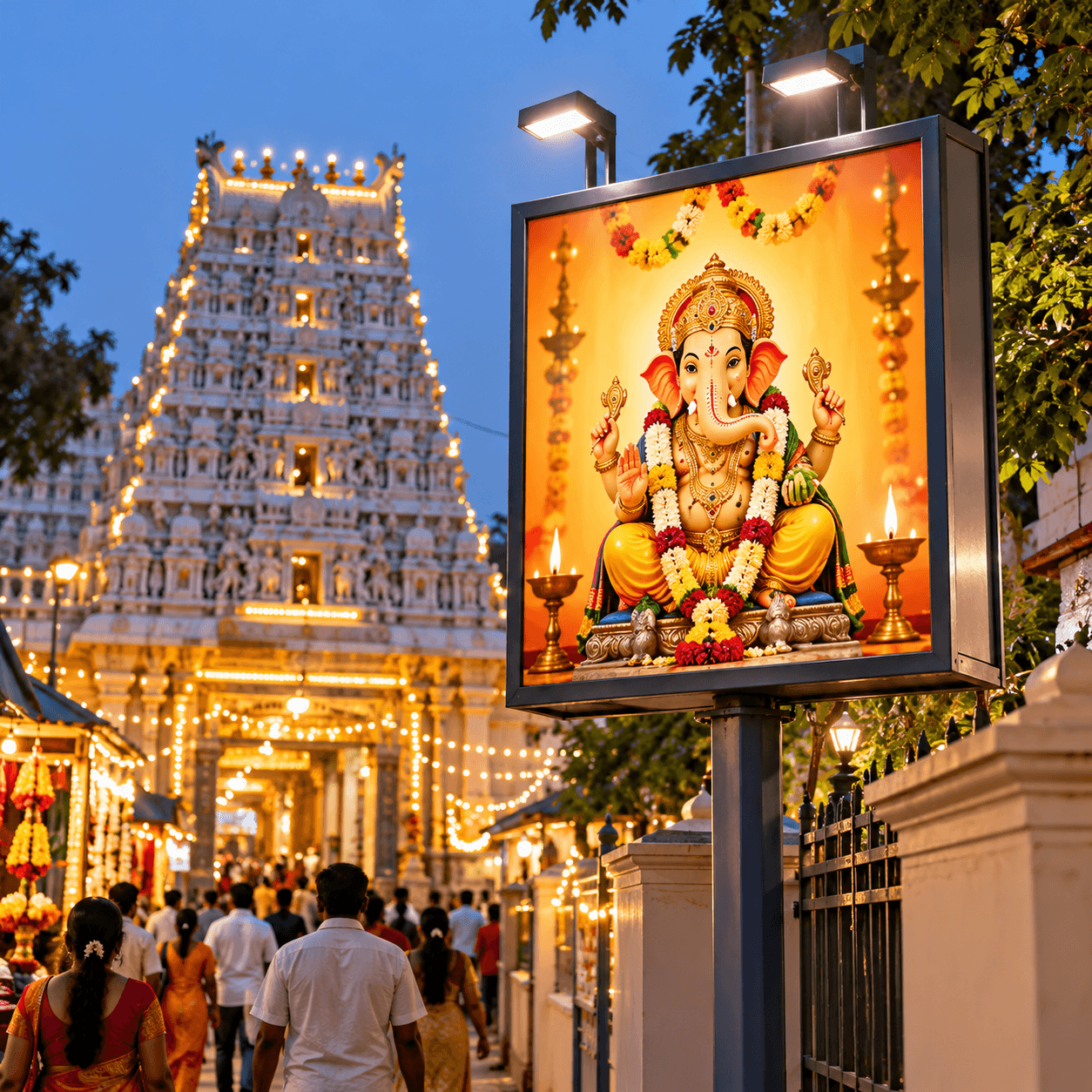 An illuminated roadside sign board glowing at dusk near a lit-up temple gopuram