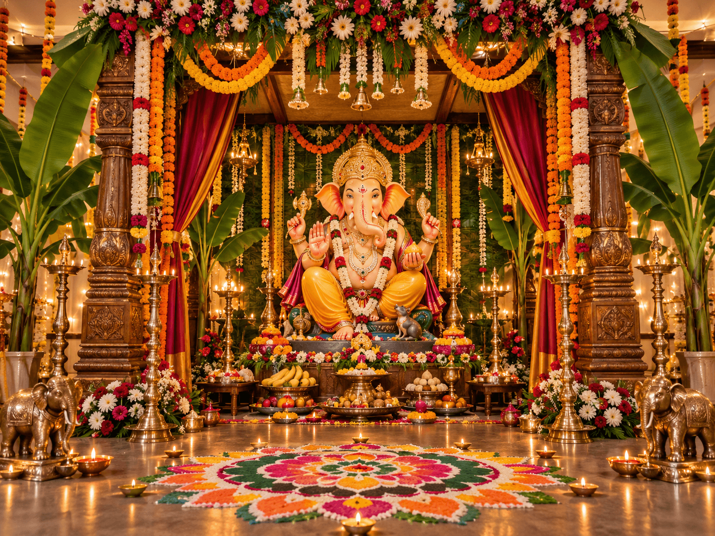 A decorated Vinayaka Mandapam pandal with garlands, lamps and offerings before the idol