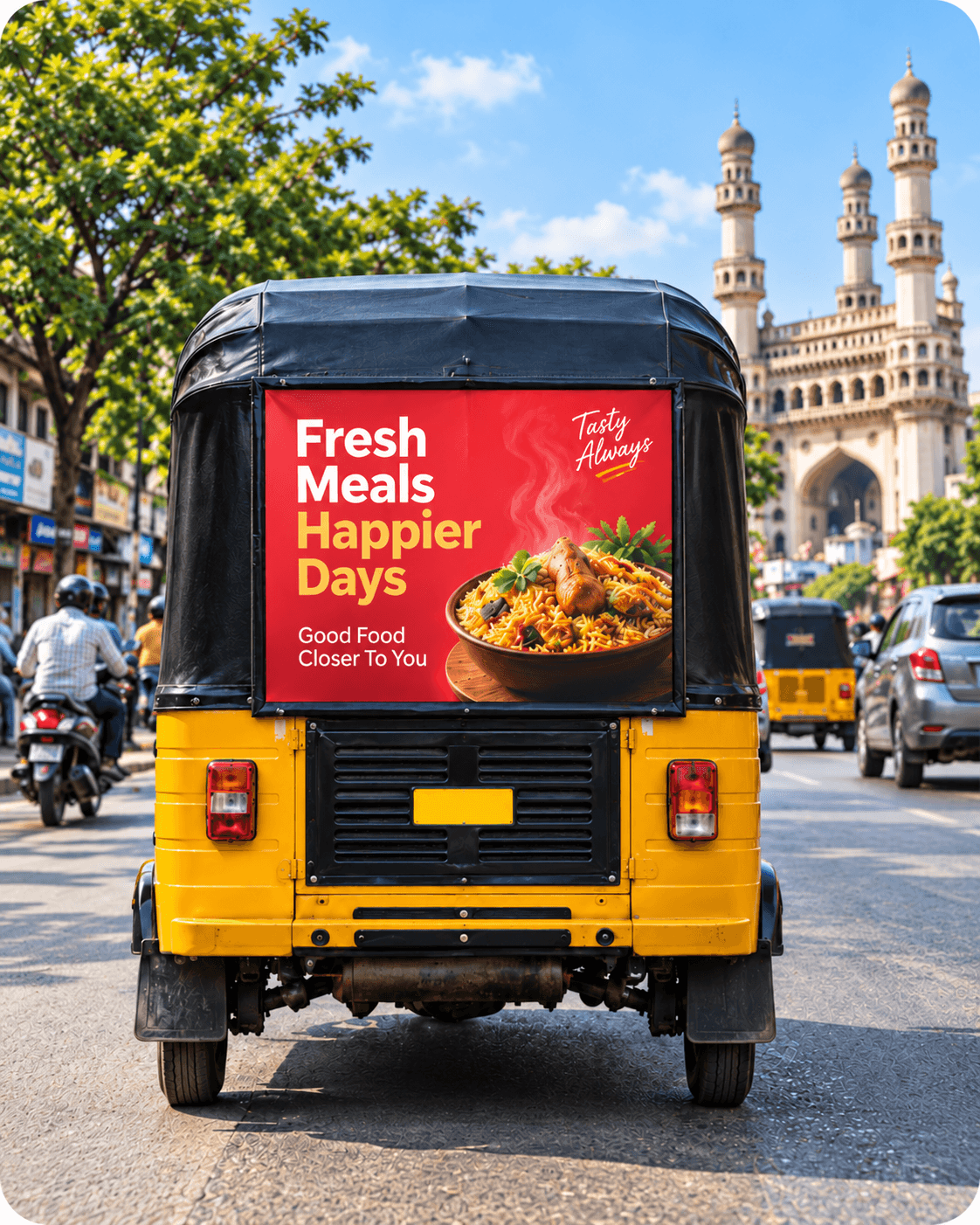 An auto-rickshaw carrying a branded rear panel in city traffic