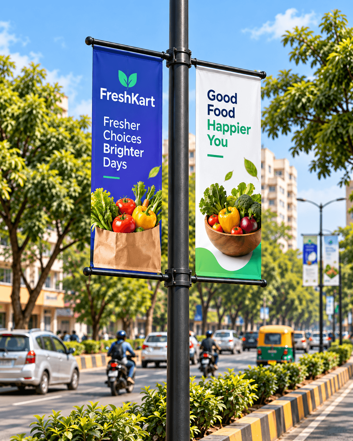 Branded pole banners at street level
