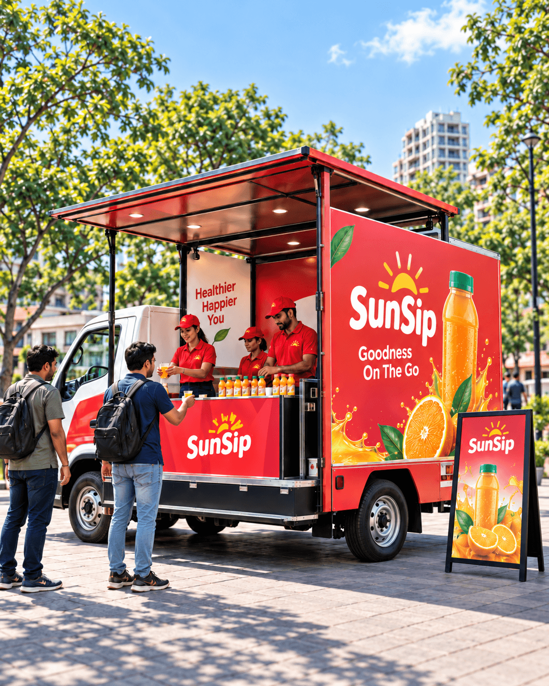 A promoter handing a branded item directly to a customer