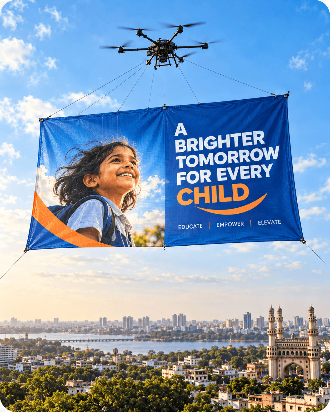 A drone carrying a branded banner over a city skyline
