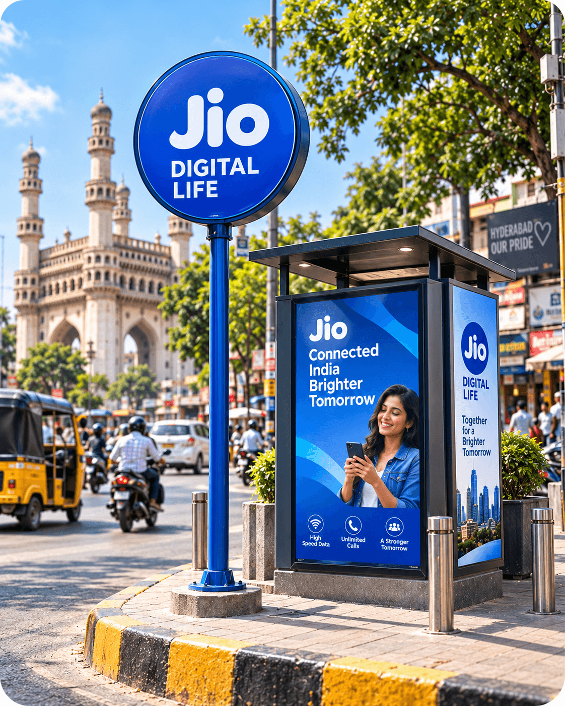 A round pole-mounted sign beside a roadside kiosk