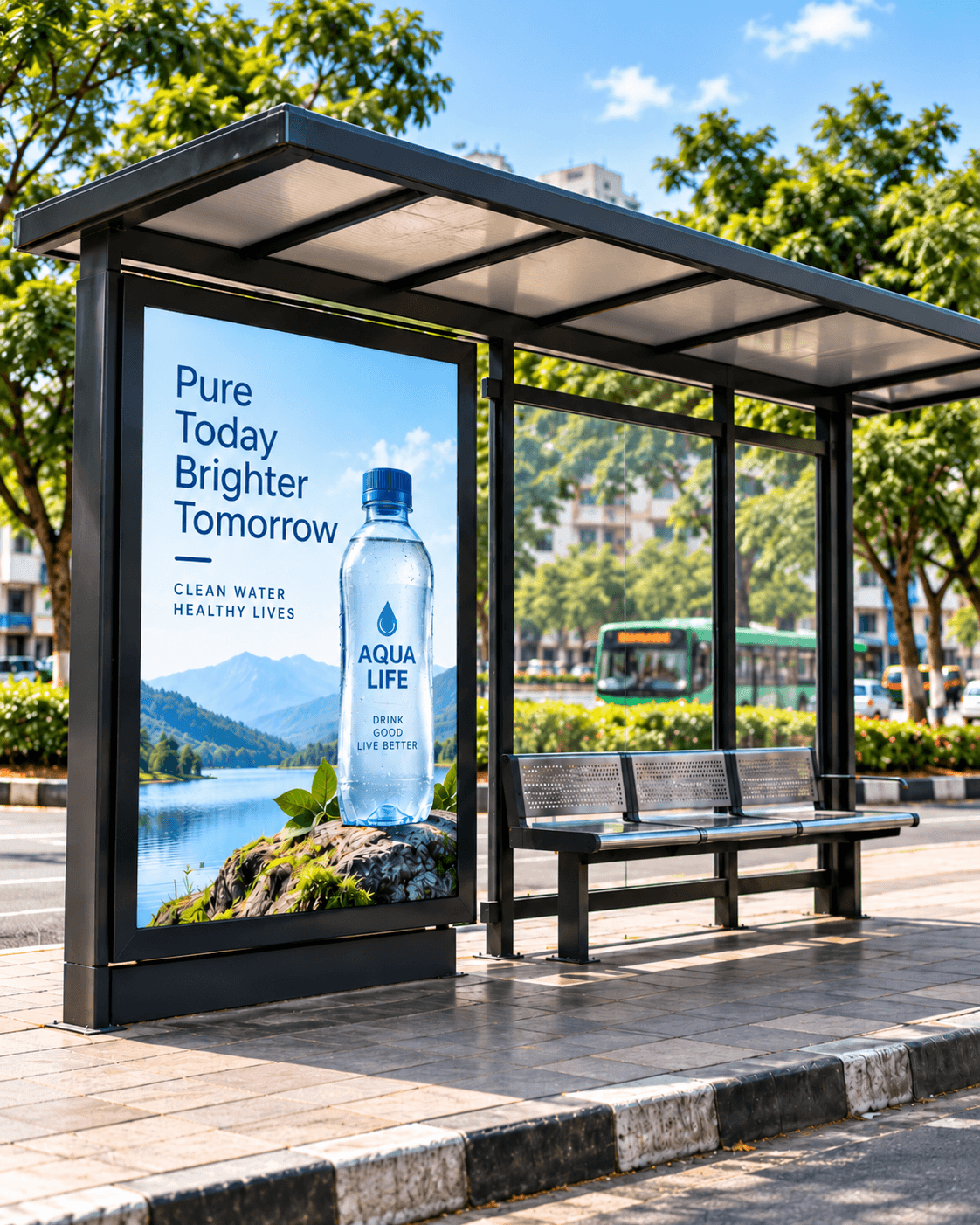 A backlit standee panel at a bus shelter