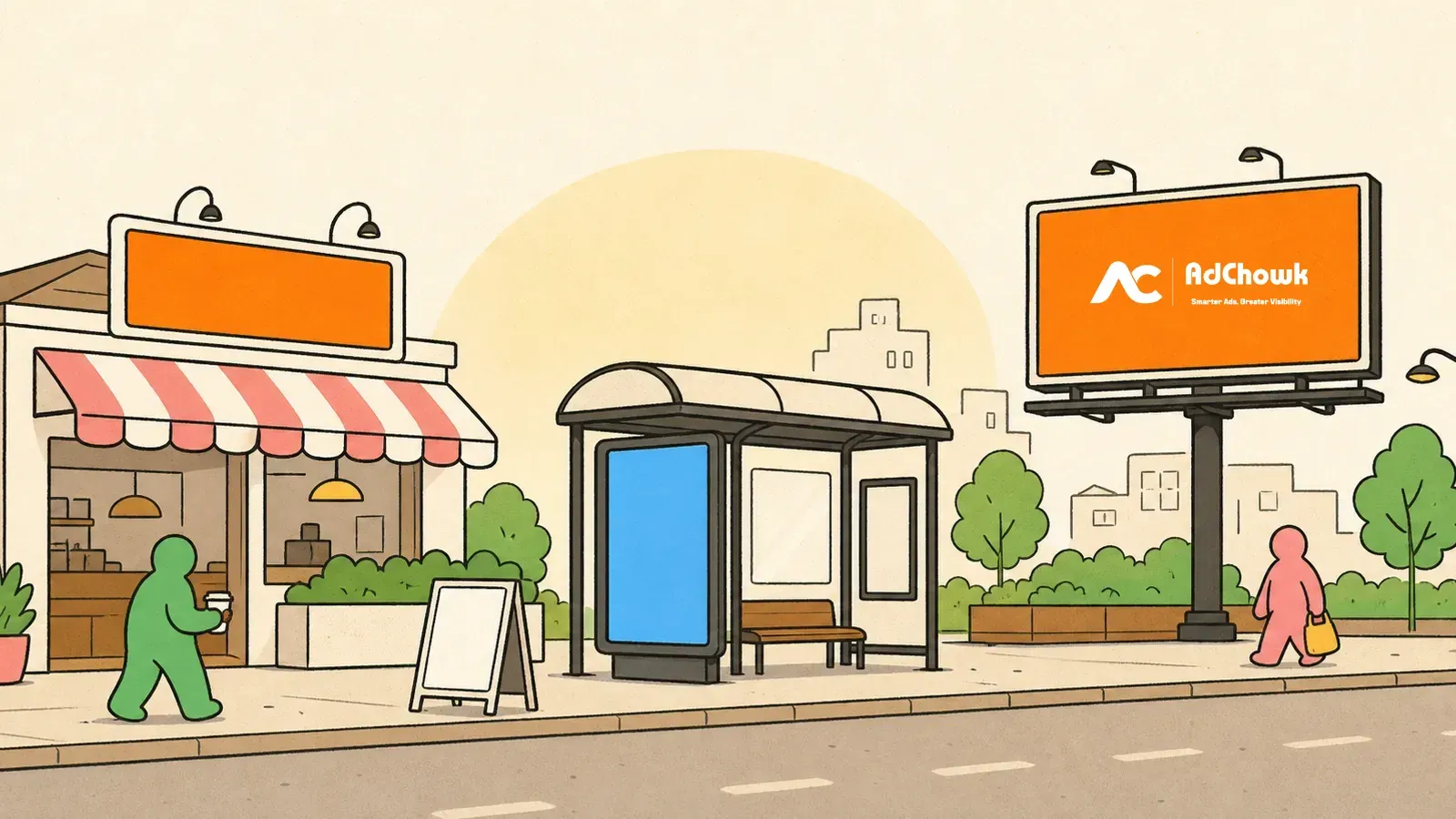 Illustration of advertising around a restaurant and cafe